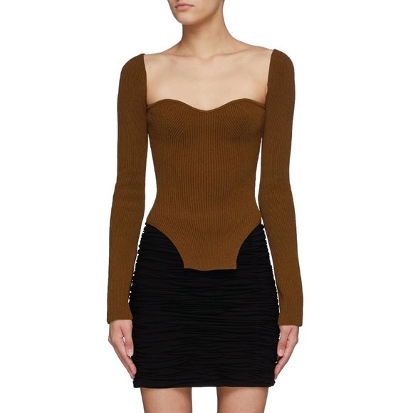 KHAITE Tops - KHAITE Maddy Square Neck Side Slit Ribbed Knit Sweater Top In Brown Size Large